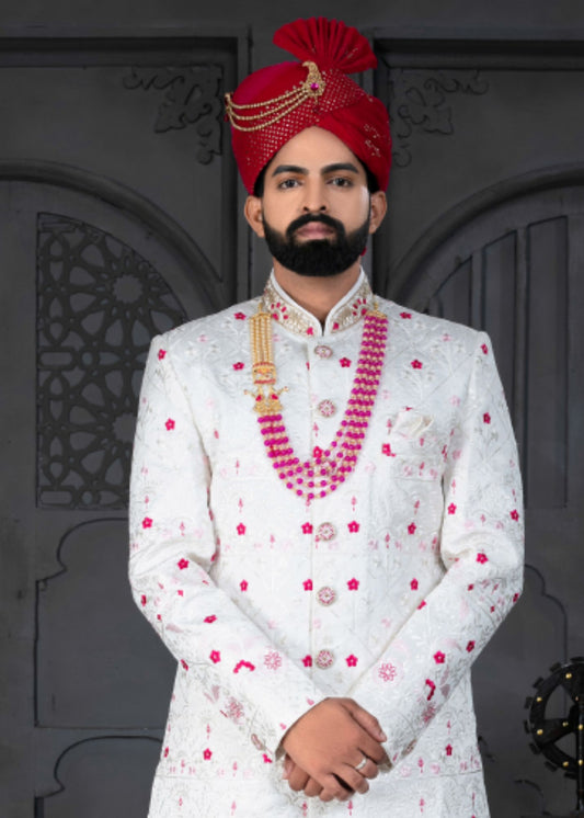 Off White and Magenta Designer Sherwani for Groom