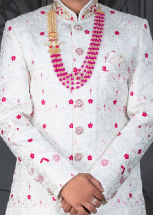 Off White and Magenta Designer Sherwani for Groom