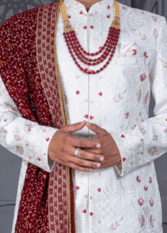 White and Maroon Designer Sherwani for Groom