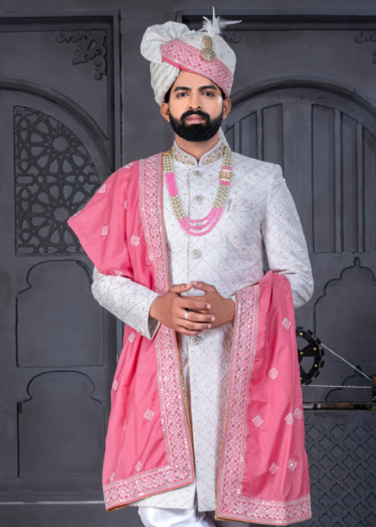 Cream And White Designer Sherwani for Groom