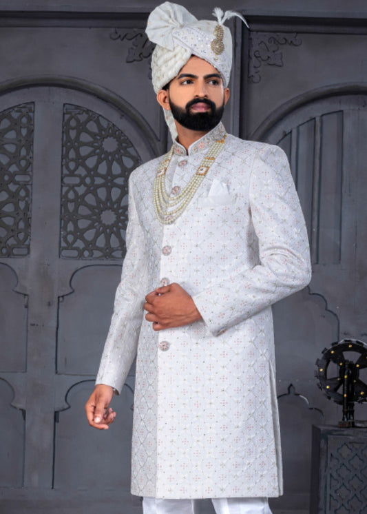 White and Cream Designer Sherwani for Groom