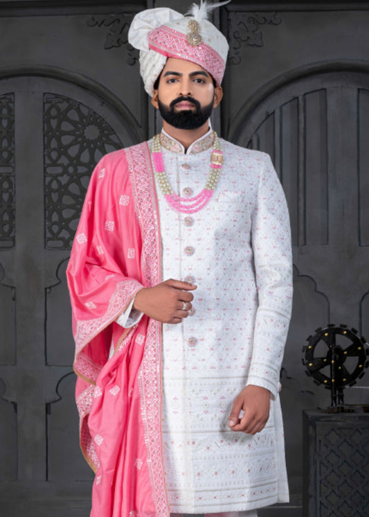 White and Pink Designer Sherwani for Groom