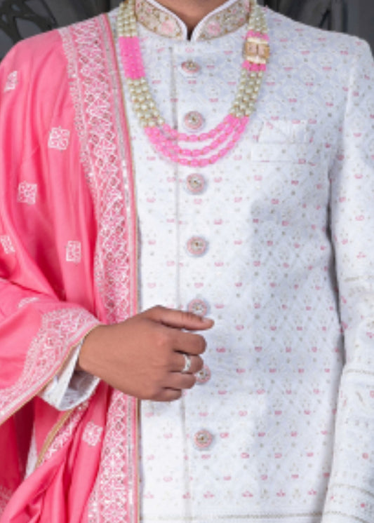 White and Pink Designer Sherwani for Groom