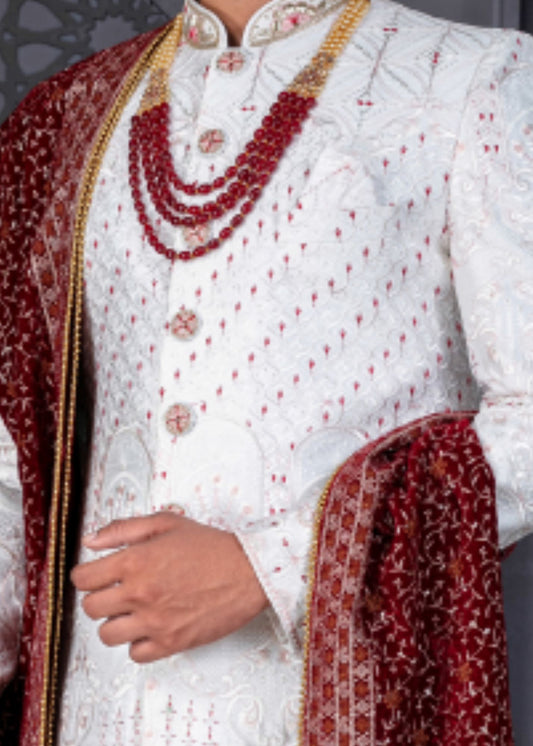 White and Maroon Designer Sherwani for Groom