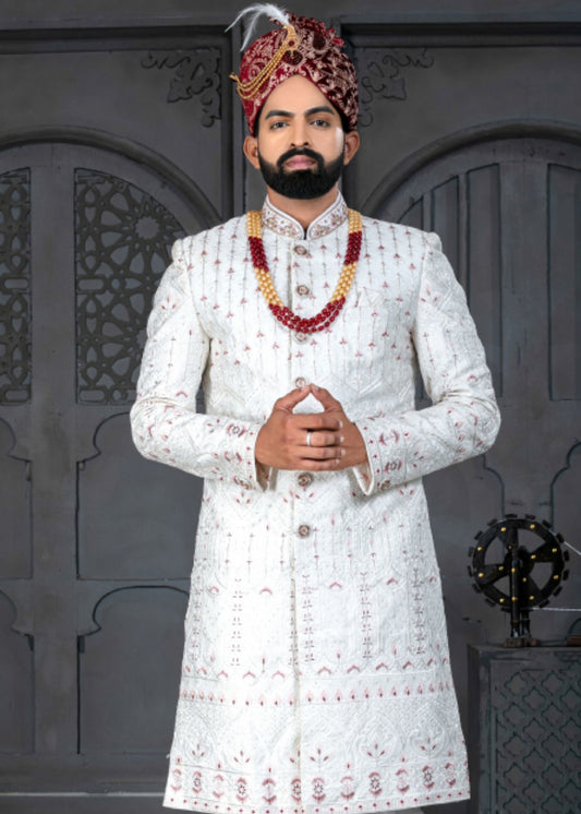 White and Maroon Designer Sherwani for Groom