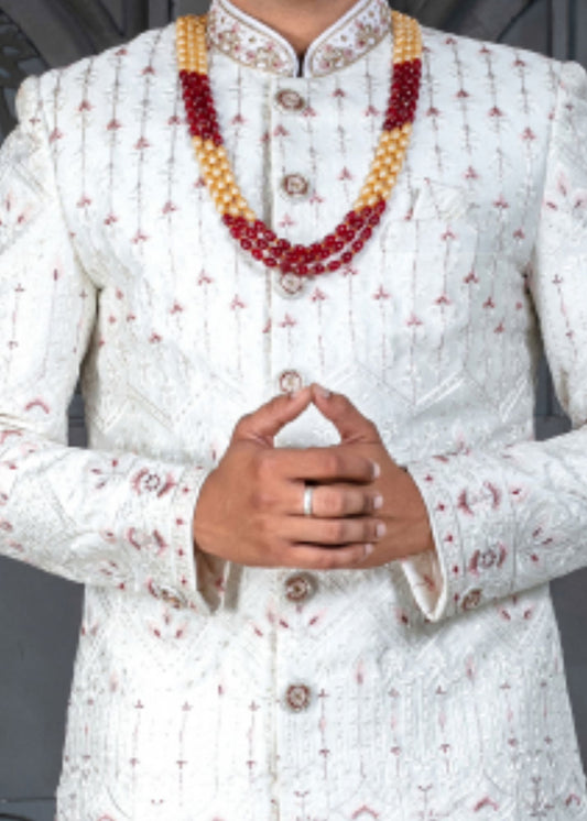 White and Maroon Designer Sherwani for Groom