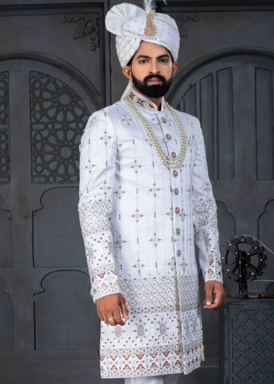 White and Red Designer Sherwani for Groom