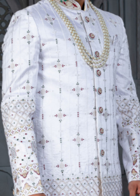 White and Red Designer Sherwani for Groom