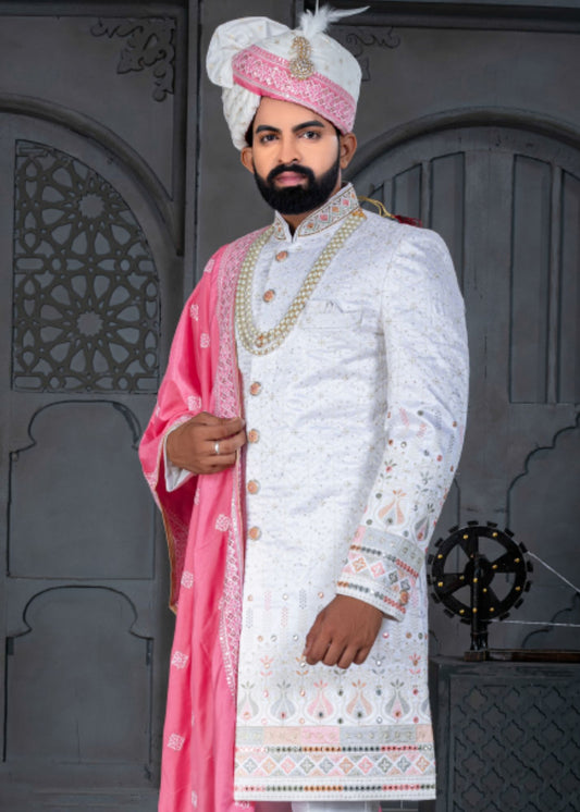 White and Pink Designer Sherwani for Groom