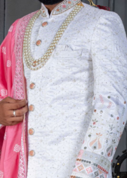 White and Pink Designer Sherwani for Groom