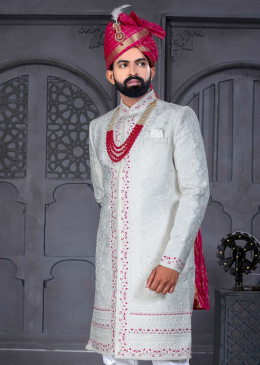 White and Pink Designer Sherwani for Groom