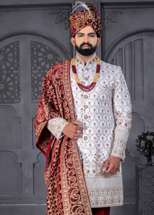 White and Maroon Designer Sherwani for Groom