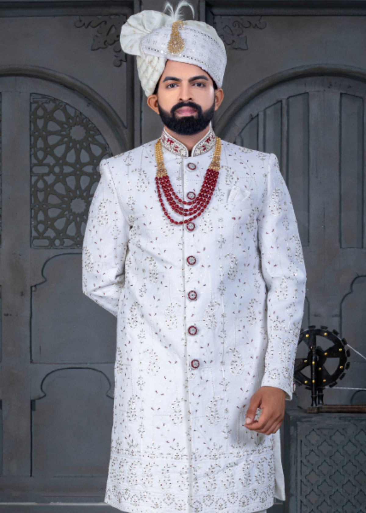 White and Maroon Designer Sherwani for Groom