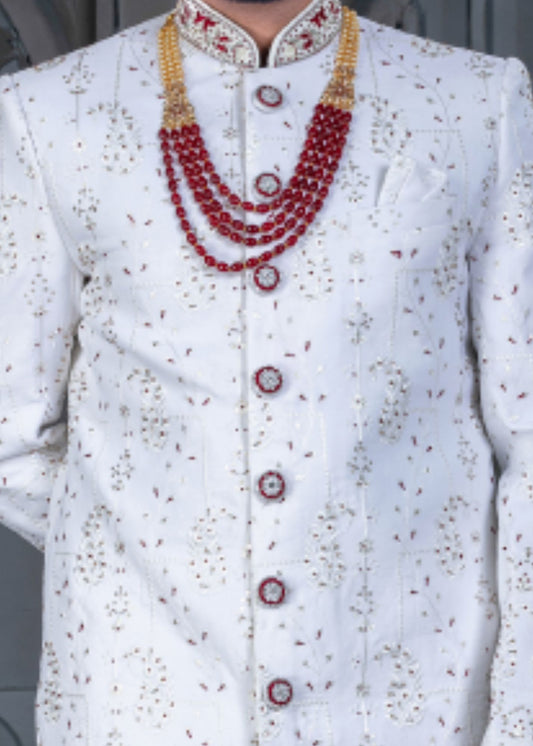 White and Maroon Designer Sherwani for Groom