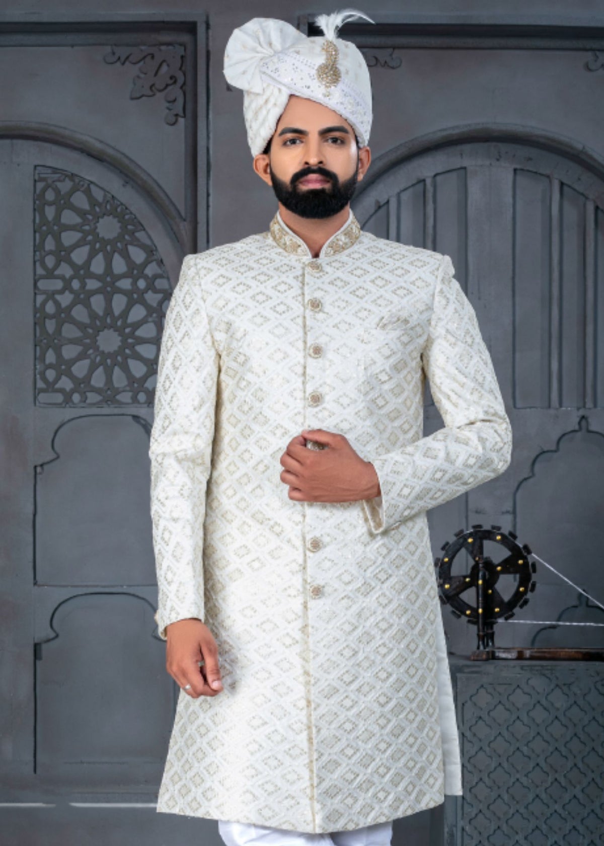 White And Golden Designer Sherwani for Groom