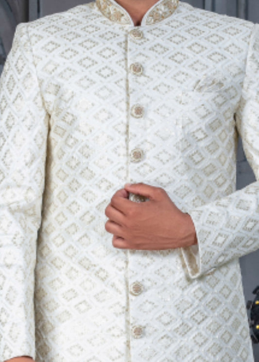 White And Golden Designer Sherwani for Groom