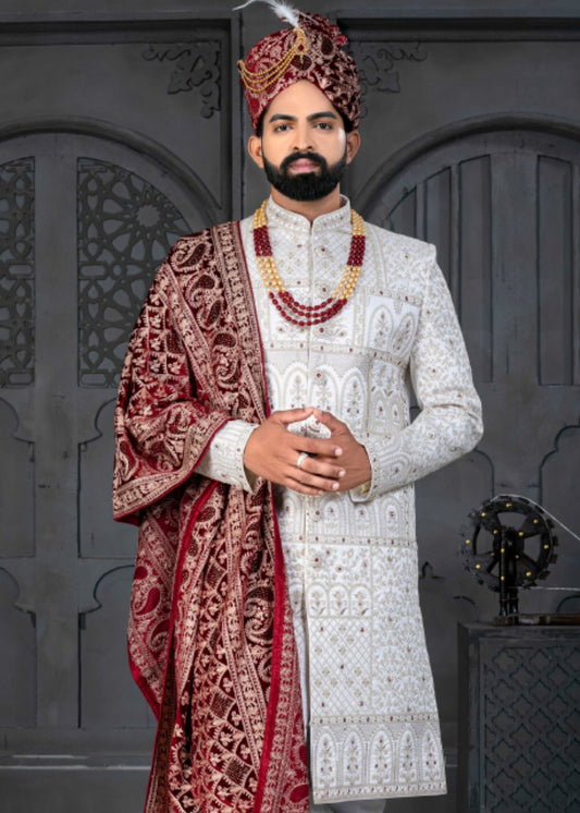 White And Maroon Designer Sherwani for Groom