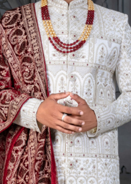 White And Maroon Designer Sherwani for Groom