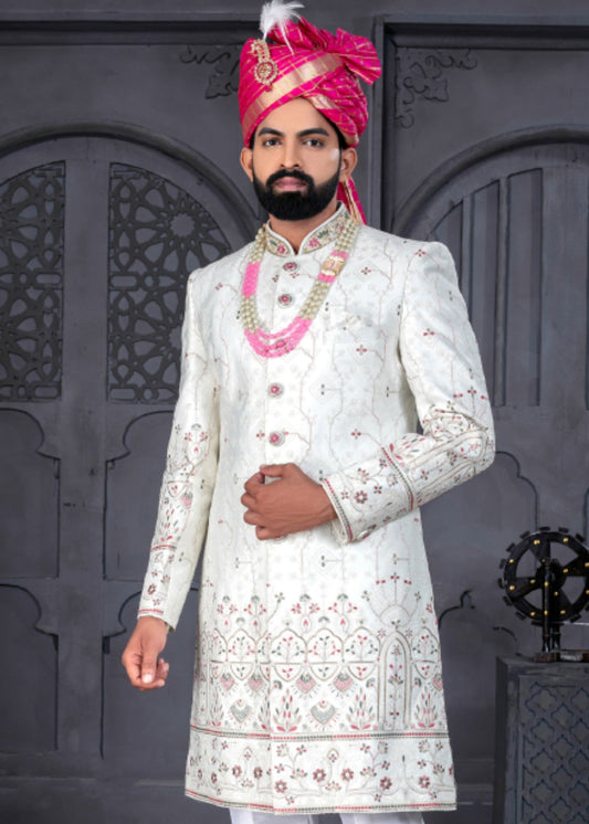 White and Pink Designer Sherwani for Groom