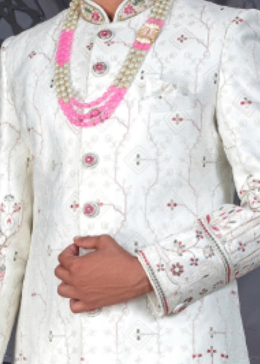 White and Pink Designer Sherwani for Groom