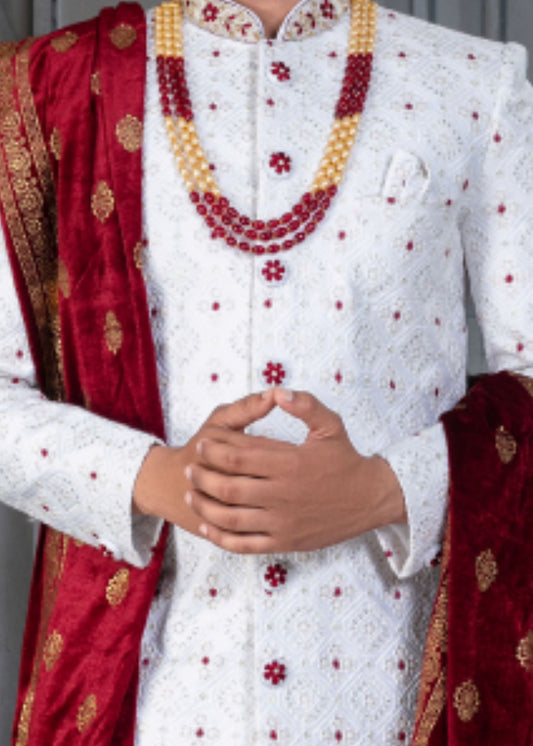 White and Maroon Designer Sherwani for Groom