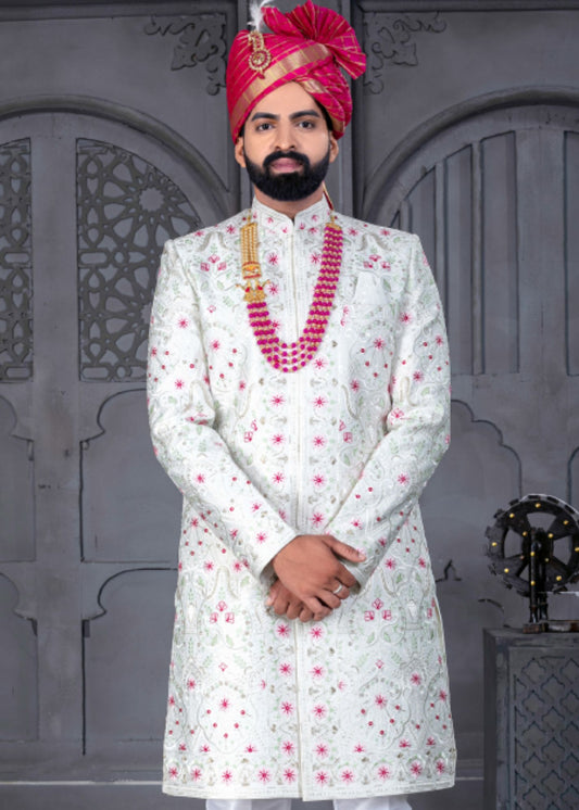 White and Pink Designer Sherwani for Groom