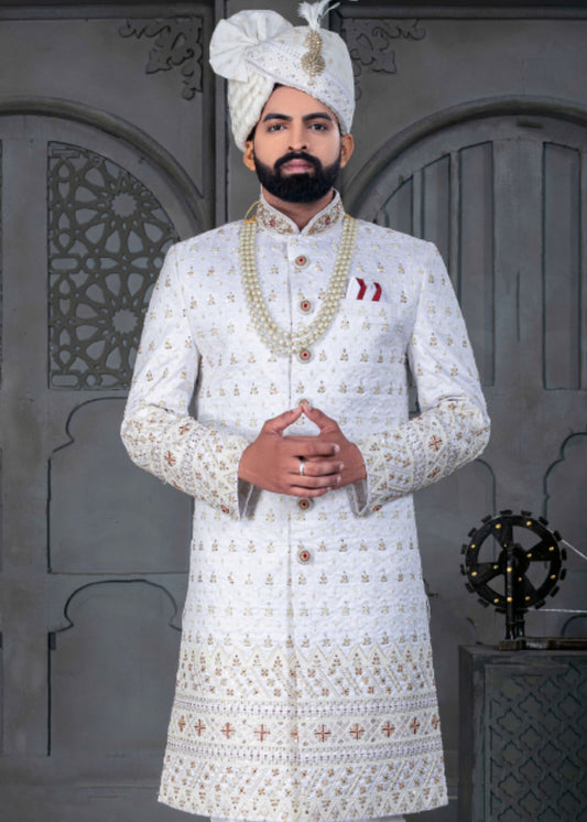 White and Maroon Designer Sherwani for Groom