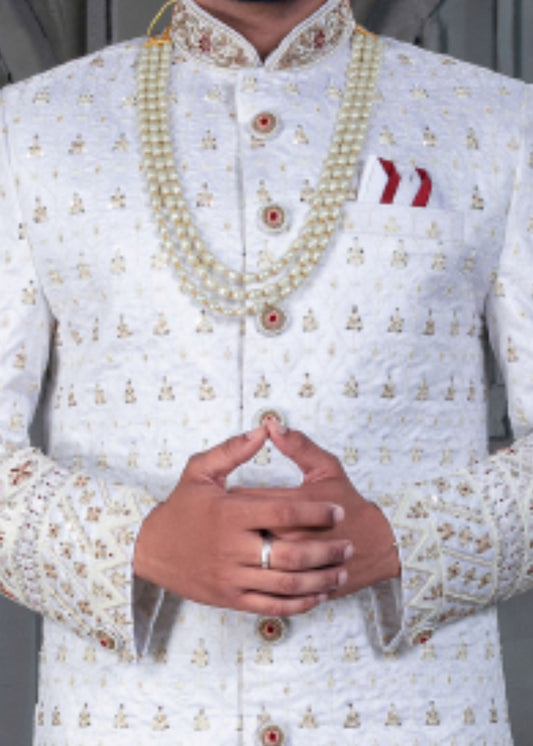 White and Maroon Designer Sherwani for Groom