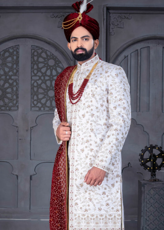 White and Maroon Designer Sherwani for Groom