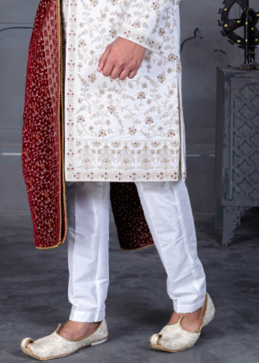 White and Maroon Designer Sherwani for Groom