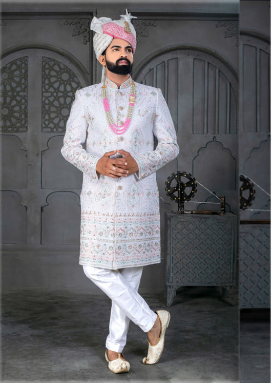 White and Pink Designer Sherwani for Groom