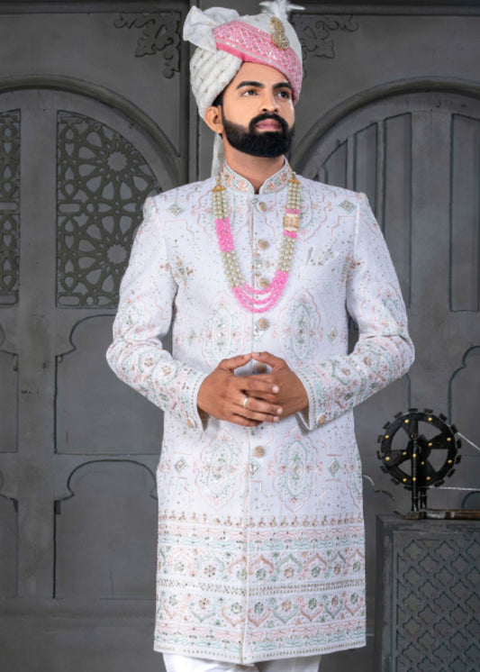 White and Pink Designer Sherwani for Groom