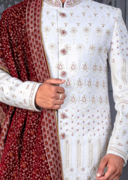 White and Maroon Designer Sherwani for Groom