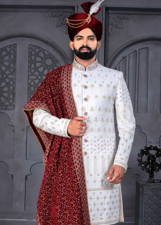 White and Maroon Designer Sherwani for Groom