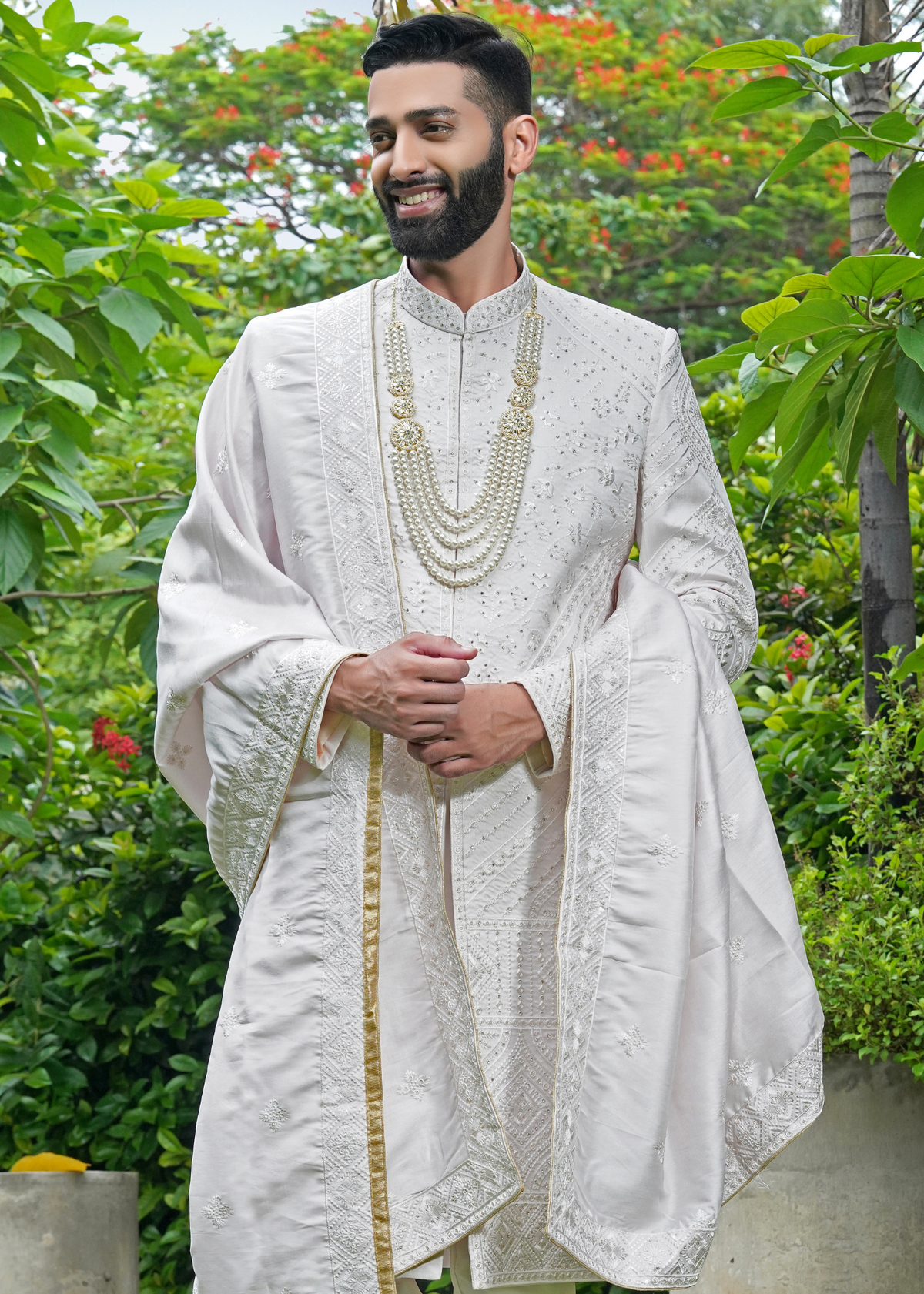 Off White Thread Embroidered Sherwani