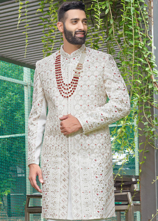 Off White Embroidered Sherwani