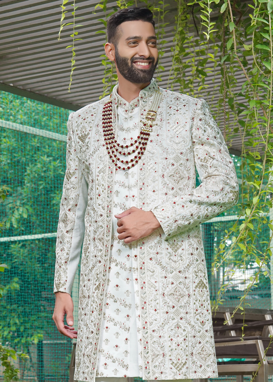 Ivory & Red Embroidered Sherwani