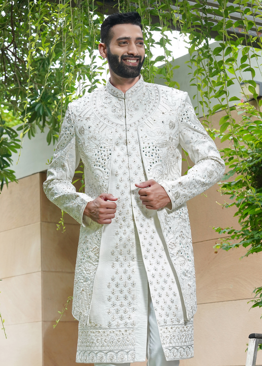 Off White Embroidered Sherwani