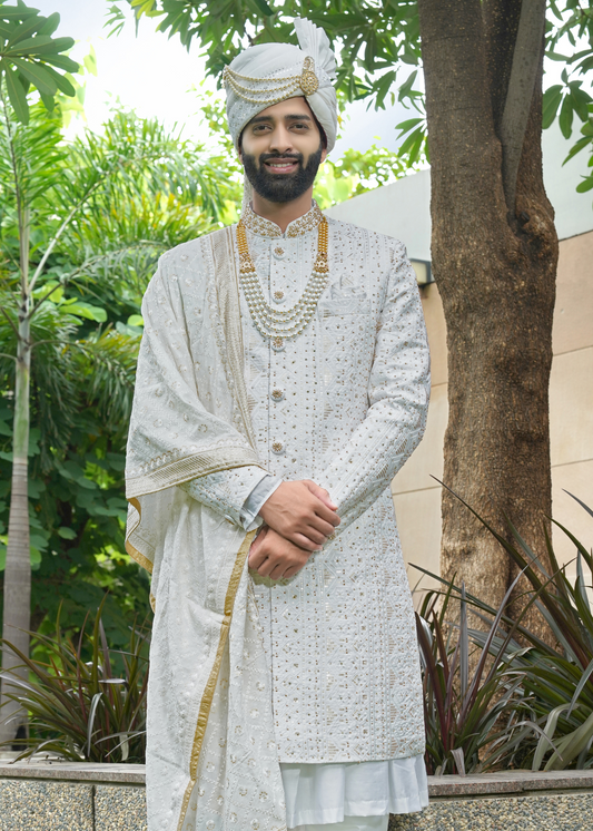 Off White Embroidered Sherwani