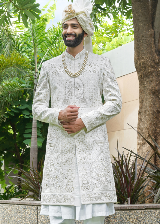 Off White Embroidered Sherwani