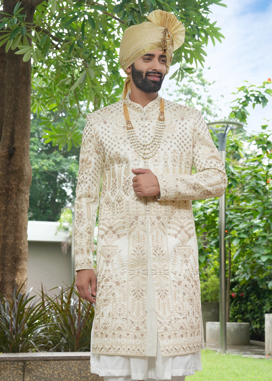 Off White Embroidered Sherwani