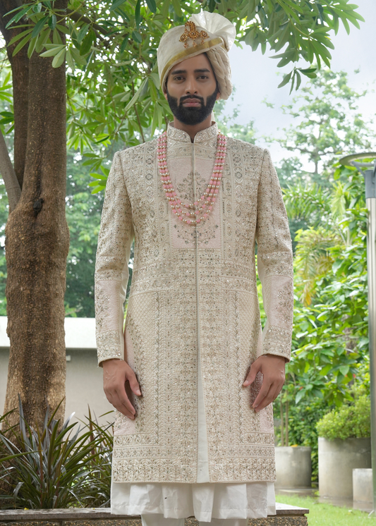 Off White Embroidered Sherwani