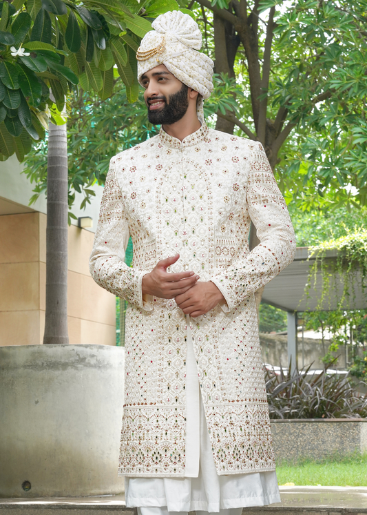 Off White Embroidered Sherwani