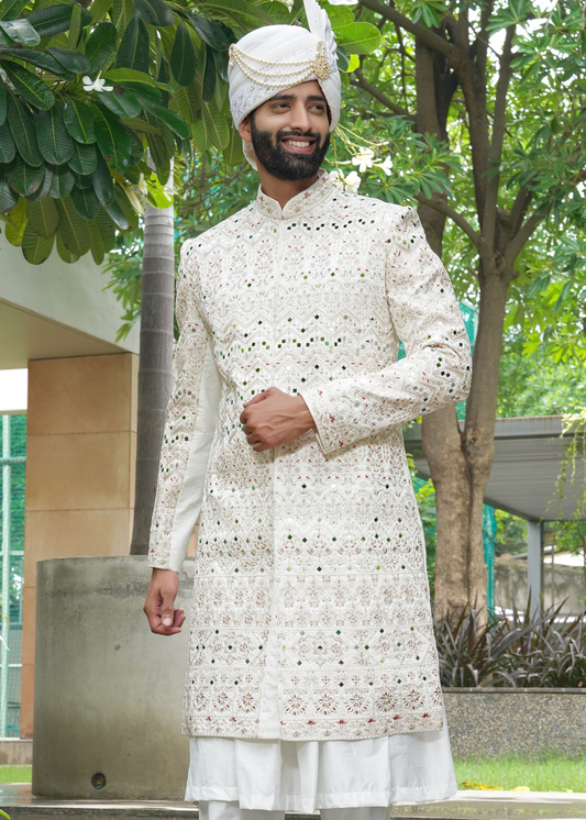 Off White Embroidered Sherwani